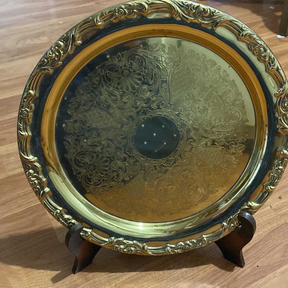Vintage Floral Etched Brass Tray | Gold Tone Floral Tray | Etched Brass Tray